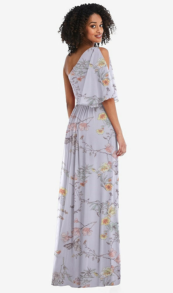Back View - Butterfly Botanica Silver Dove One-Shoulder Bell Sleeve Chiffon Maxi Dress