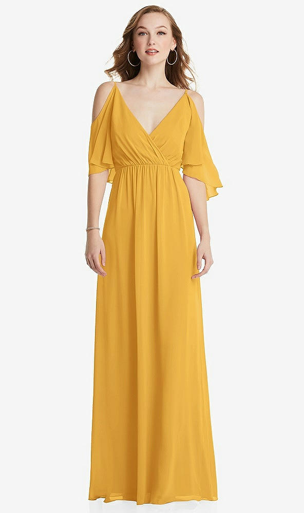 Front View - NYC Yellow Convertible Cold-Shoulder Draped Wrap Maxi Dress