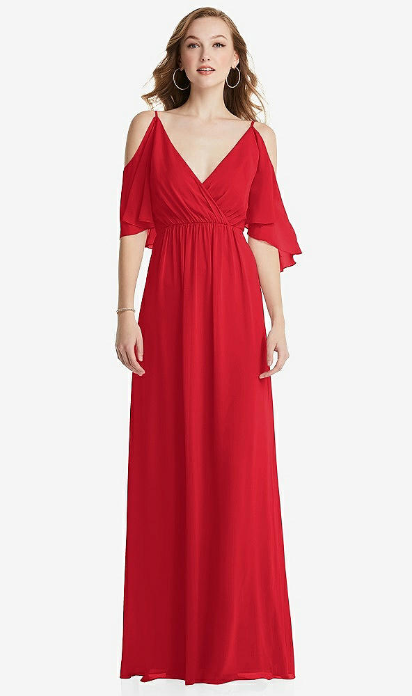 Front View - Parisian Red Convertible Cold-Shoulder Draped Wrap Maxi Dress