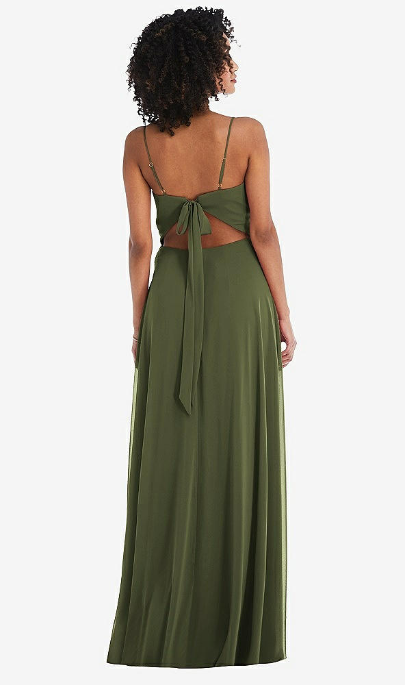 Back View - Olive Green Tie-Back Cutout Maxi Dress with Front Slit