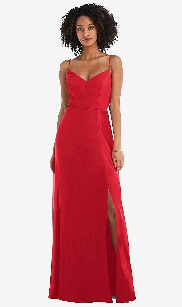 Front View - Parisian Red Tie-Back Cutout Maxi Dress with Front Slit