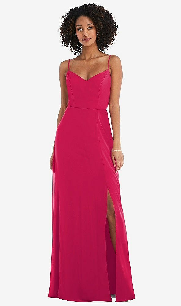 Front View - Vivid Pink Tie-Back Cutout Maxi Dress with Front Slit