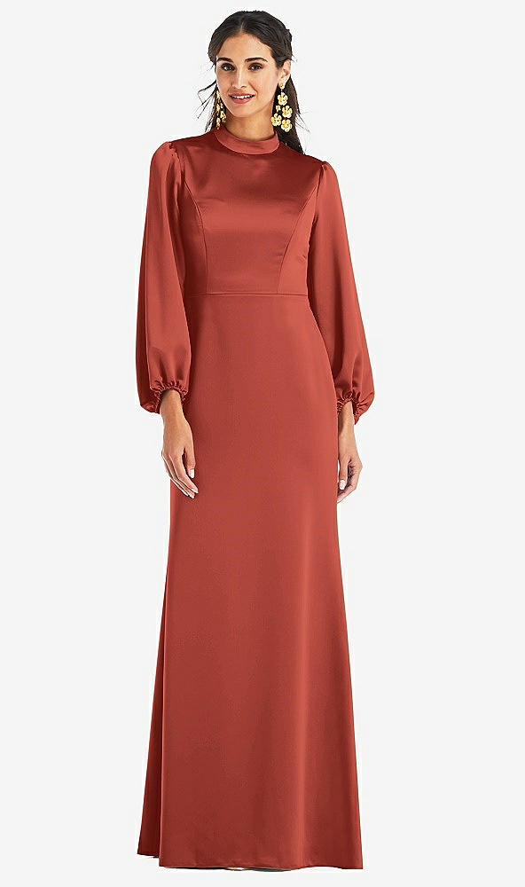 Front View - Amber Sunset High Collar Puff Sleeve Trumpet Gown - Darby