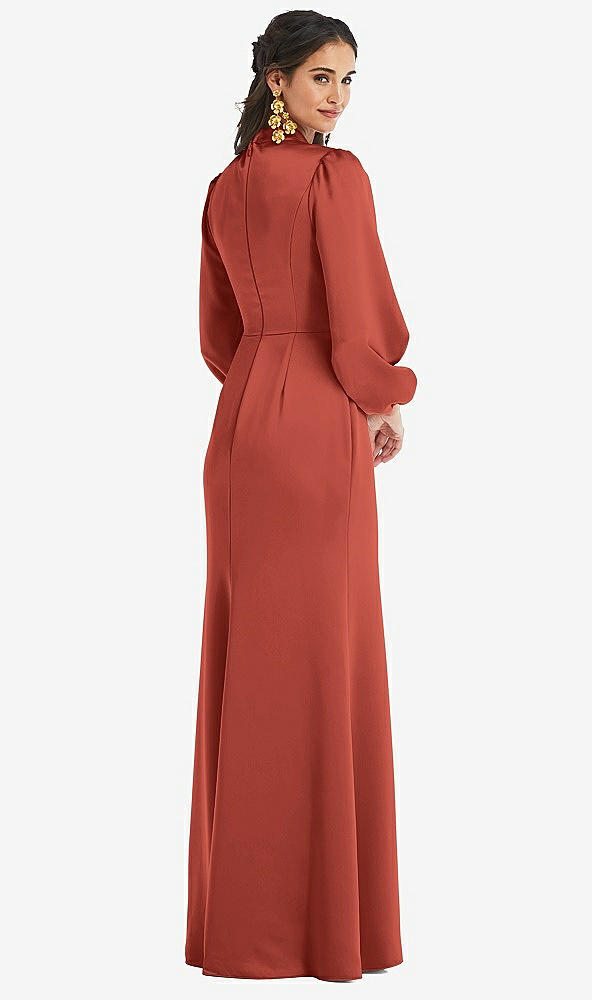 Back View - Amber Sunset High Collar Puff Sleeve Trumpet Gown - Darby