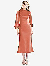 Front View Thumbnail - Terracotta Copper High Collar Puff Sleeve Midi Dress - Bronwyn