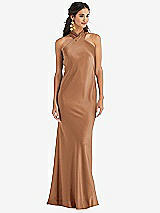 Front View Thumbnail - Toffee Draped Twist Halter Tie-Back Trumpet Gown - Imogen