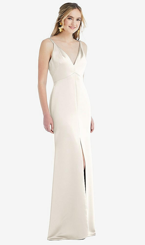 Front View - Ivory Twist Strap Maxi Slip Dress with Front Slit - Neve