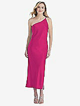 Front View Thumbnail - Think Pink One-Shoulder Asymmetrical Midi Slip Dress