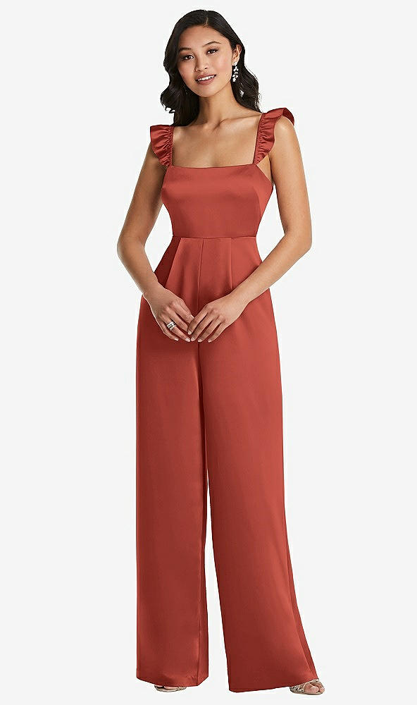 Front View - Amber Sunset Ruffled Sleeve Tie-Back Jumpsuit with Pockets