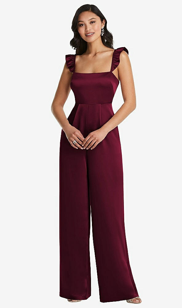 Front View - Cabernet Ruffled Sleeve Tie-Back Jumpsuit with Pockets