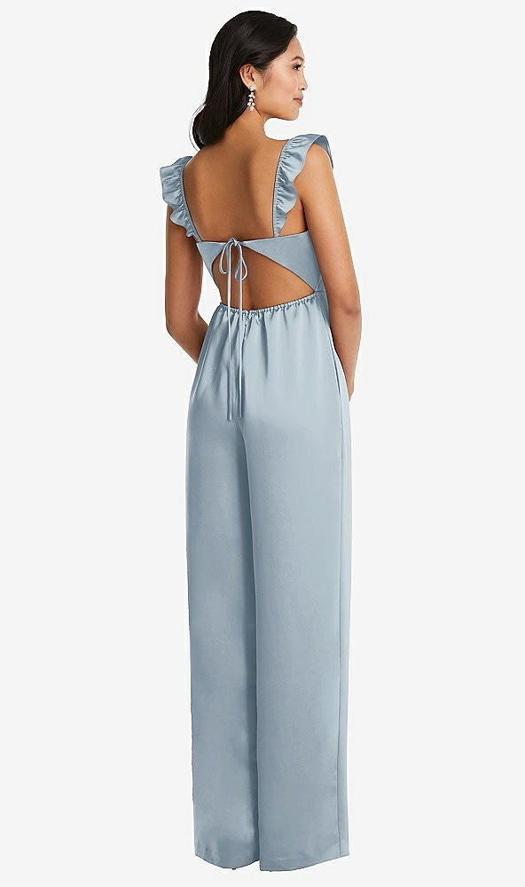 Back View - Mist Ruffled Sleeve Tie-Back Jumpsuit with Pockets