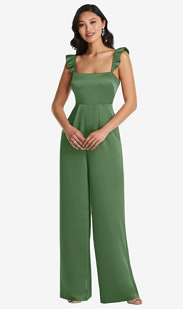 Front View - Vineyard Green Ruffled Sleeve Tie-Back Jumpsuit with Pockets