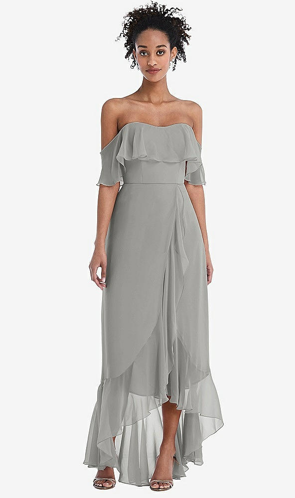 Front View - Chelsea Gray Off-the-Shoulder Ruffled High Low Maxi Dress
