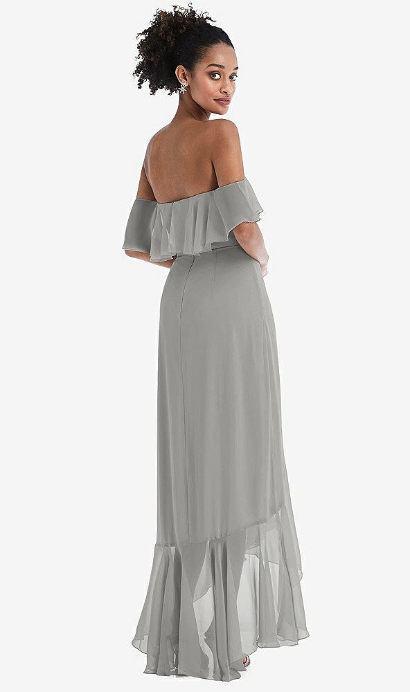 Back View - Chelsea Gray Off-the-Shoulder Ruffled High Low Maxi Dress