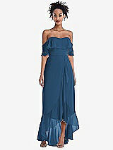 Front View Thumbnail - Dusk Blue Off-the-Shoulder Ruffled High Low Maxi Dress