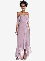 Front View Thumbnail - Suede Rose Off-the-Shoulder Ruffled High Low Maxi Dress