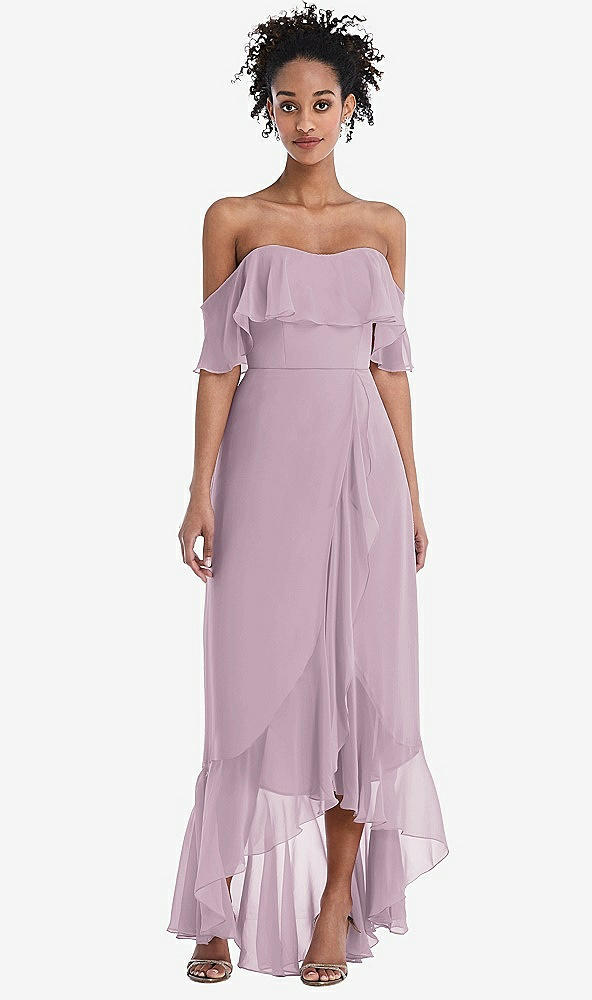 Front View - Suede Rose Off-the-Shoulder Ruffled High Low Maxi Dress