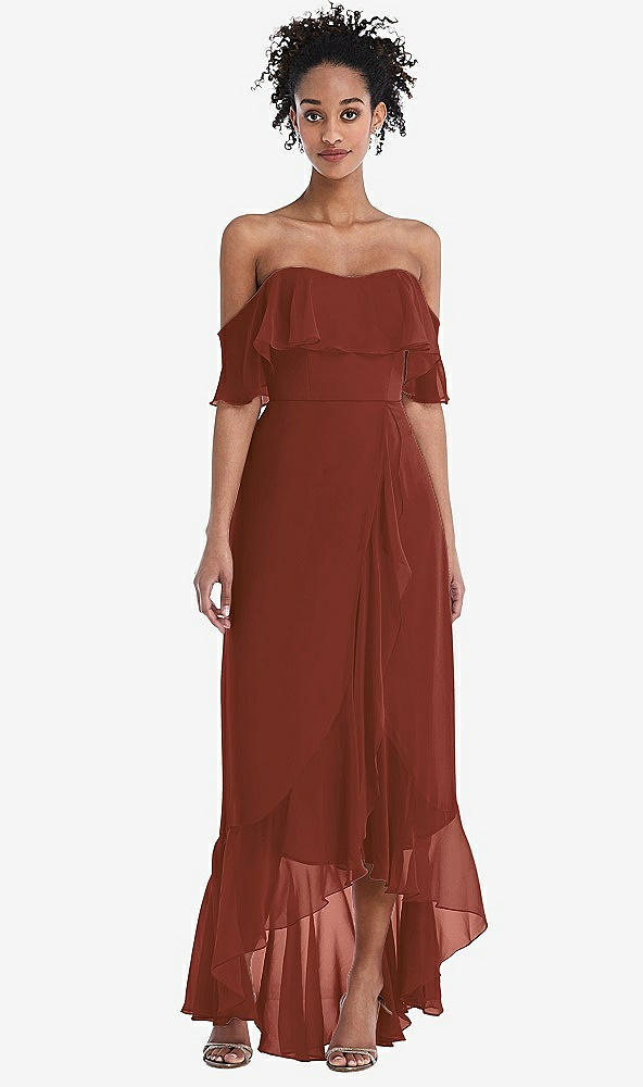 Front View - Auburn Moon Off-the-Shoulder Ruffled High Low Maxi Dress