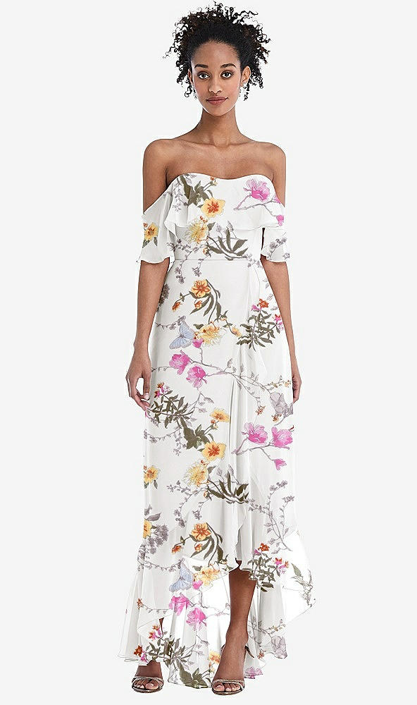 Front View - Butterfly Botanica Ivory Off-the-Shoulder Ruffled High Low Maxi Dress