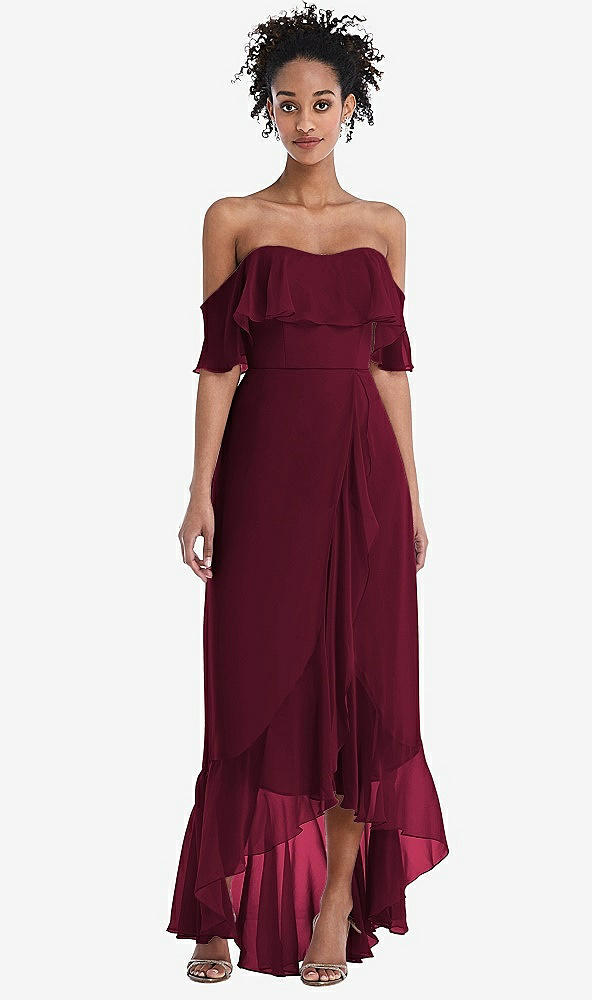 Front View - Cabernet Off-the-Shoulder Ruffled High Low Maxi Dress