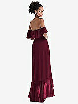 Rear View Thumbnail - Cabernet Off-the-Shoulder Ruffled High Low Maxi Dress