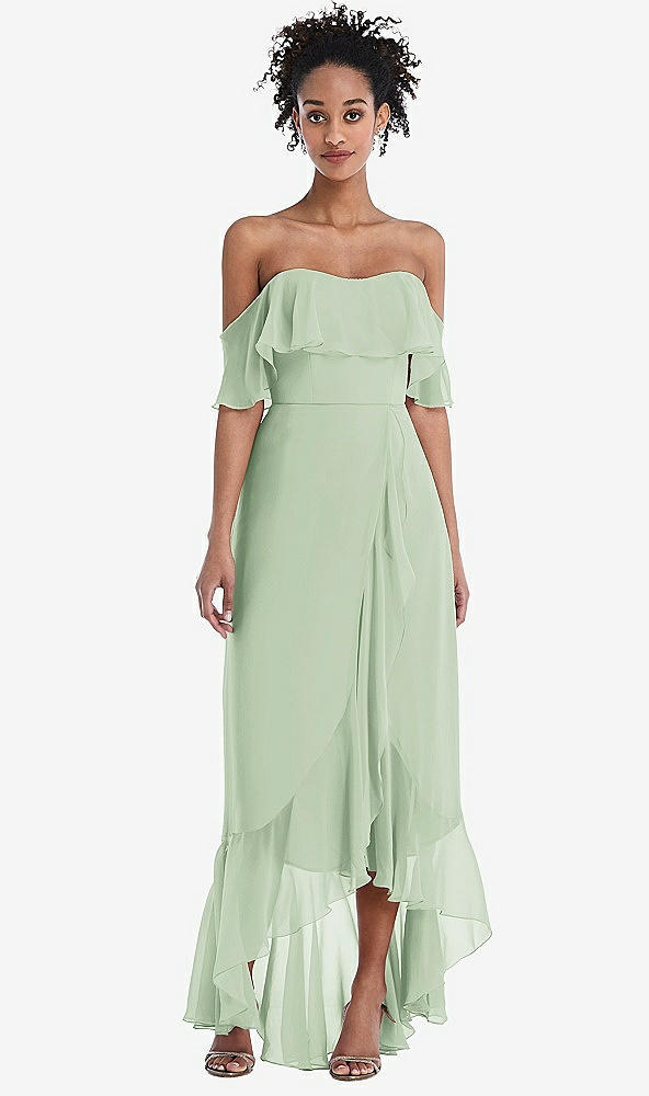 Front View - Celadon Off-the-Shoulder Ruffled High Low Maxi Dress