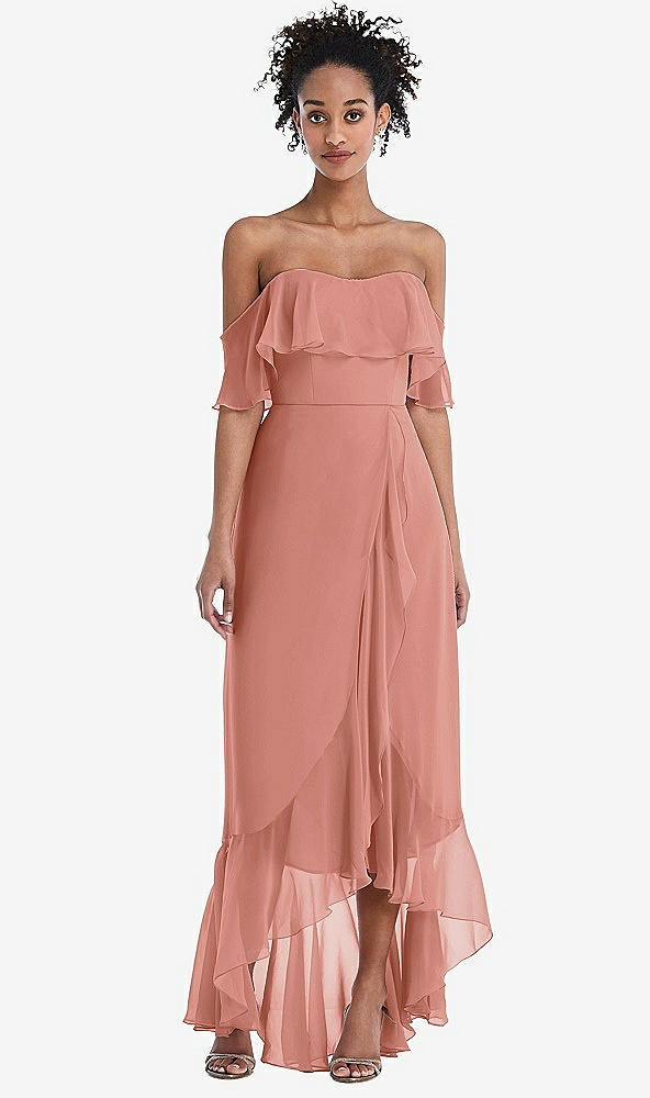 Front View - Desert Rose Off-the-Shoulder Ruffled High Low Maxi Dress