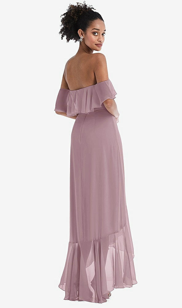 Back View - Dusty Rose Off-the-Shoulder Ruffled High Low Maxi Dress