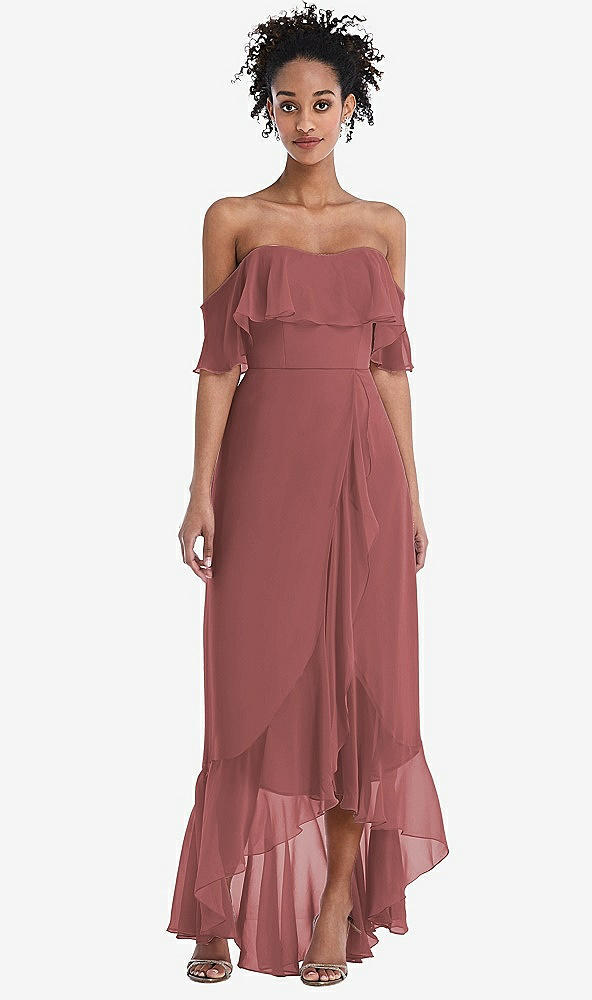 Front View - English Rose Off-the-Shoulder Ruffled High Low Maxi Dress