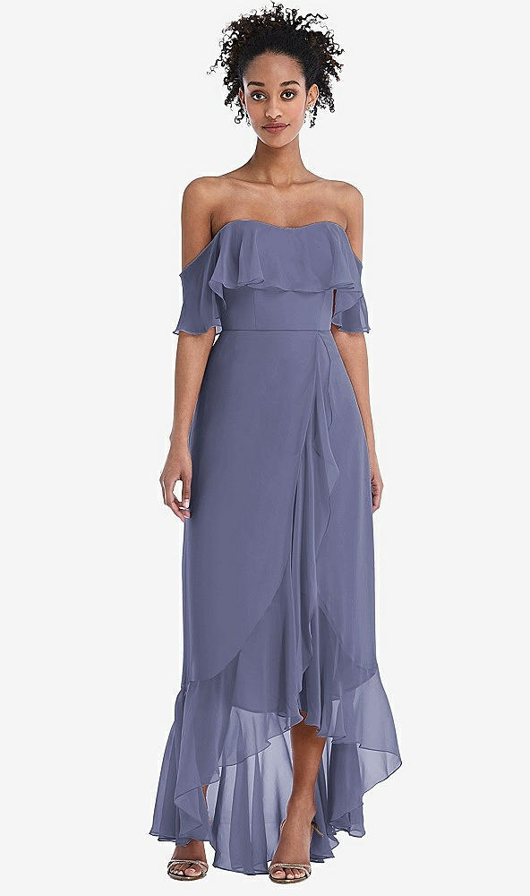 Front View - French Blue Off-the-Shoulder Ruffled High Low Maxi Dress