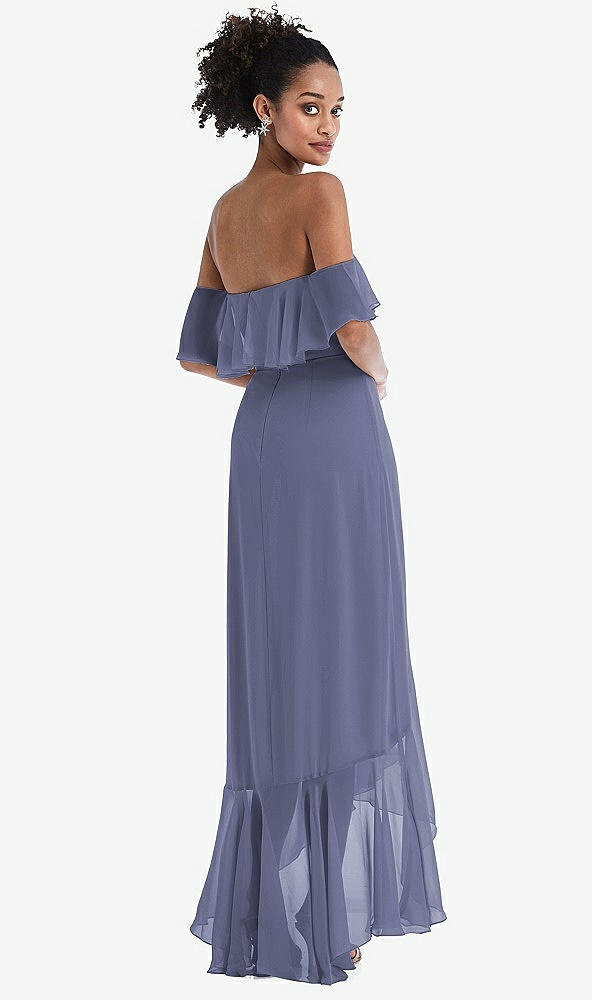 Back View - French Blue Off-the-Shoulder Ruffled High Low Maxi Dress