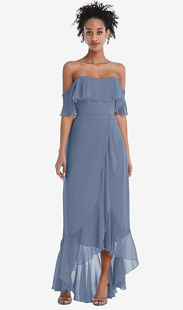 Front View - Larkspur Blue Off-the-Shoulder Ruffled High Low Maxi Dress