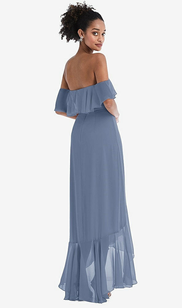 Back View - Larkspur Blue Off-the-Shoulder Ruffled High Low Maxi Dress