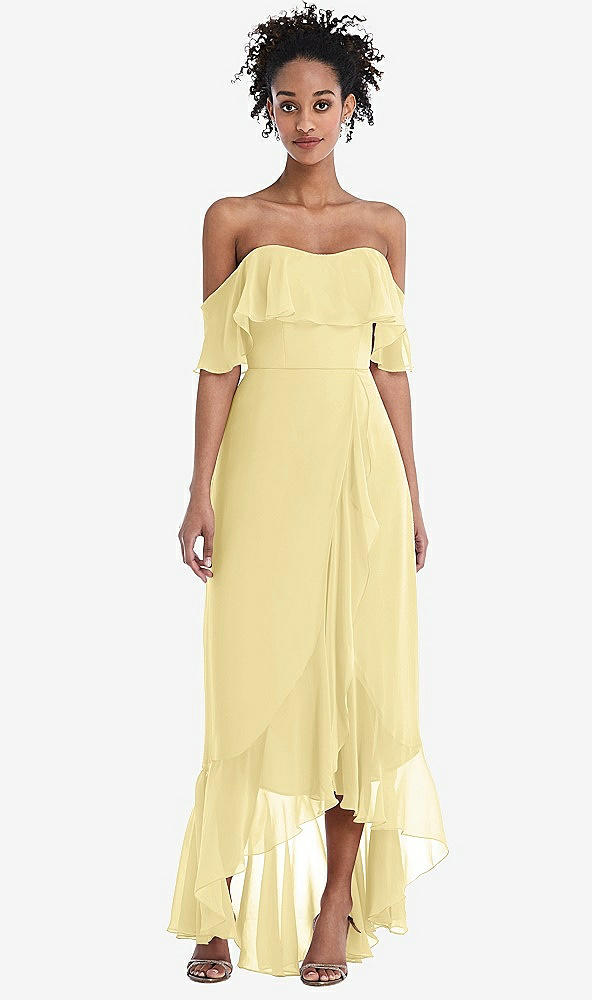 Front View - Pale Yellow Off-the-Shoulder Ruffled High Low Maxi Dress