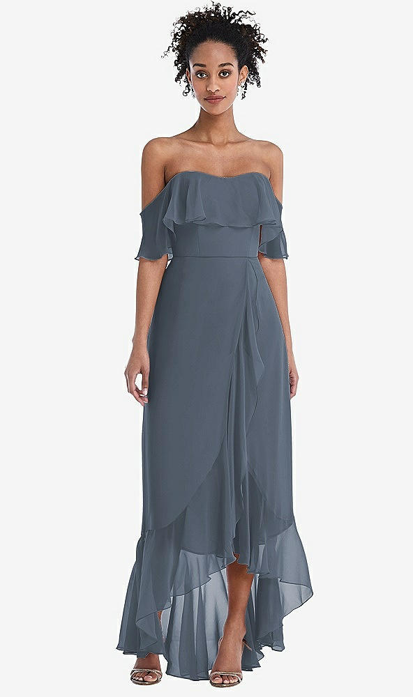 Front View - Silverstone Off-the-Shoulder Ruffled High Low Maxi Dress