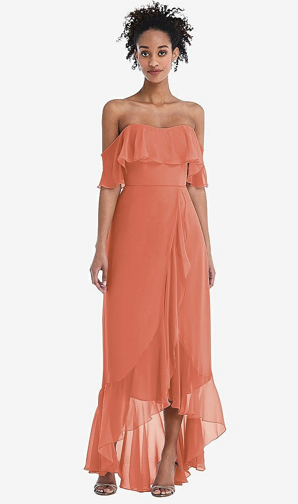 Front View - Terracotta Copper Off-the-Shoulder Ruffled High Low Maxi Dress