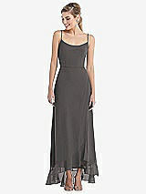 Front View Thumbnail - Caviar Gray Scoop Neck Ruffle-Trimmed High Low Maxi Dress