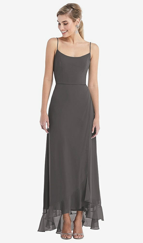Front View - Caviar Gray Scoop Neck Ruffle-Trimmed High Low Maxi Dress