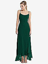 Front View Thumbnail - Hunter Green Scoop Neck Ruffle-Trimmed High Low Maxi Dress