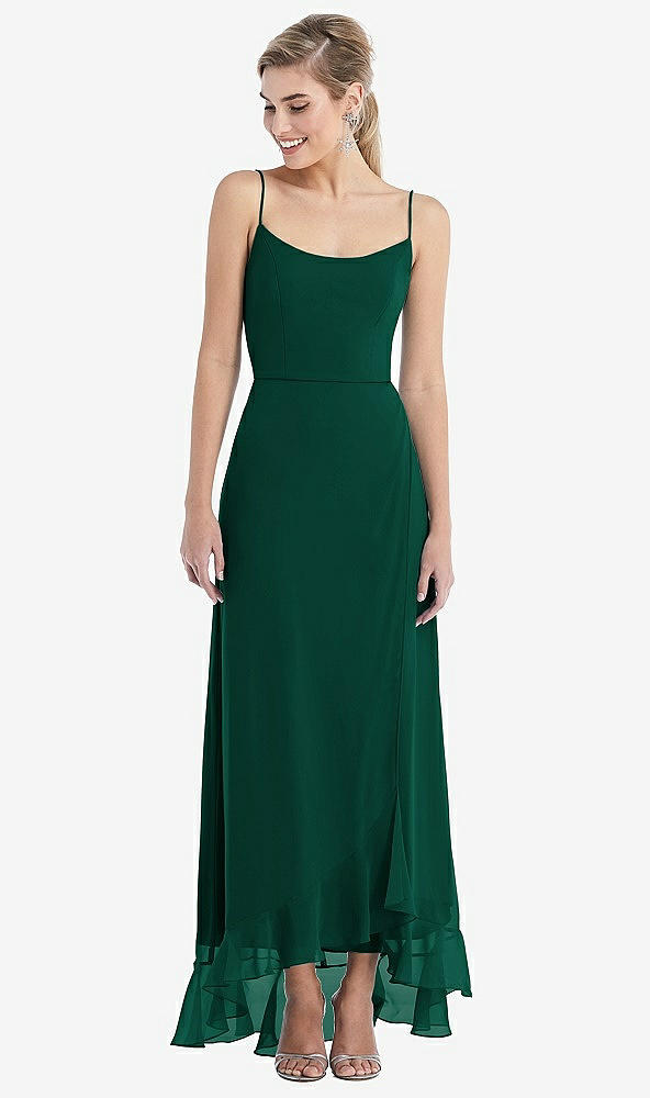 Front View - Hunter Green Scoop Neck Ruffle-Trimmed High Low Maxi Dress