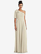 Front View Thumbnail - Champagne Bow One-Shoulder Flounce Sleeve Maxi Dress