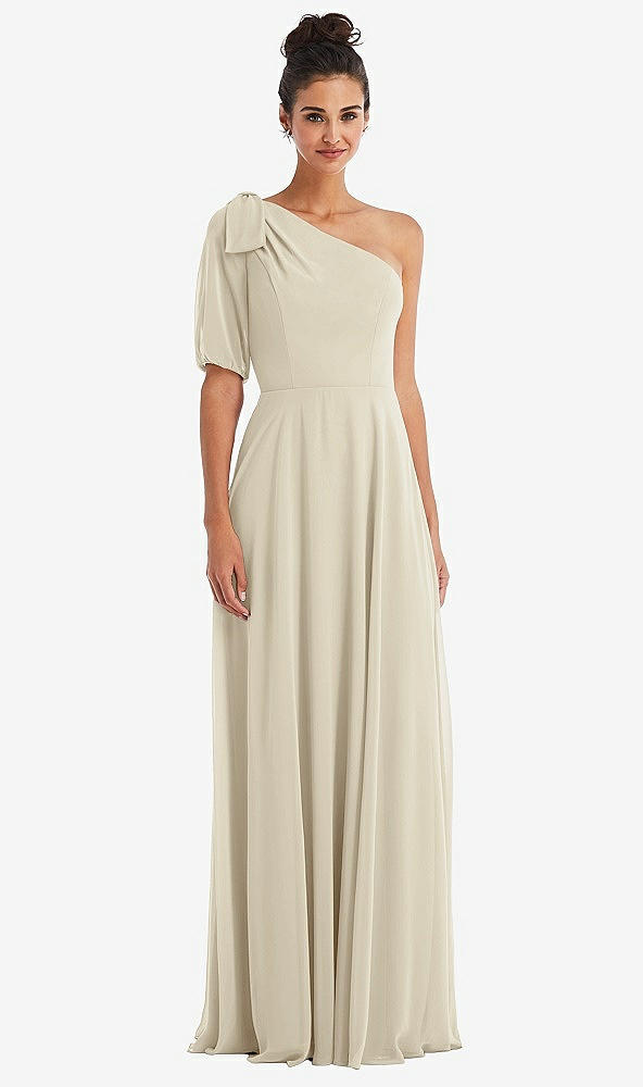 Front View - Champagne Bow One-Shoulder Flounce Sleeve Maxi Dress