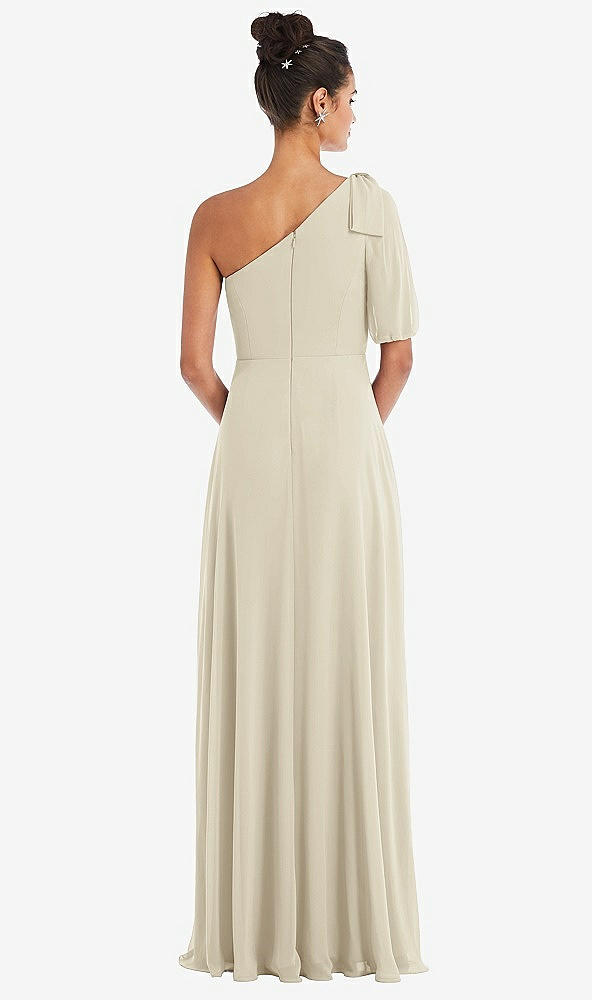 Back View - Champagne Bow One-Shoulder Flounce Sleeve Maxi Dress