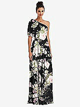 Front View Thumbnail - Noir Garden Bow One-Shoulder Flounce Sleeve Maxi Dress