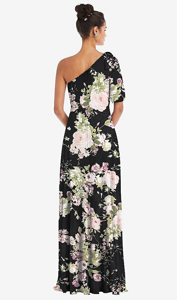 Back View - Noir Garden Bow One-Shoulder Flounce Sleeve Maxi Dress