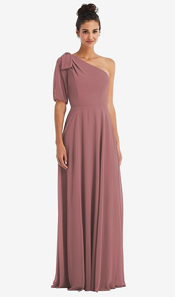 Front View - Rosewood Bow One-Shoulder Flounce Sleeve Maxi Dress