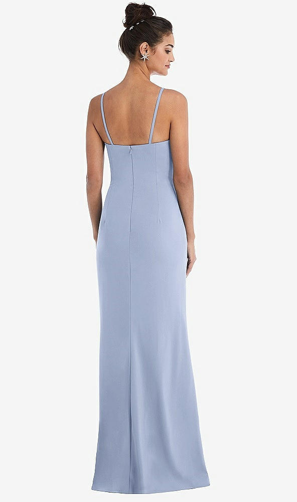 Back View - Sky Blue Notch Crepe Trumpet Gown with Front Slit