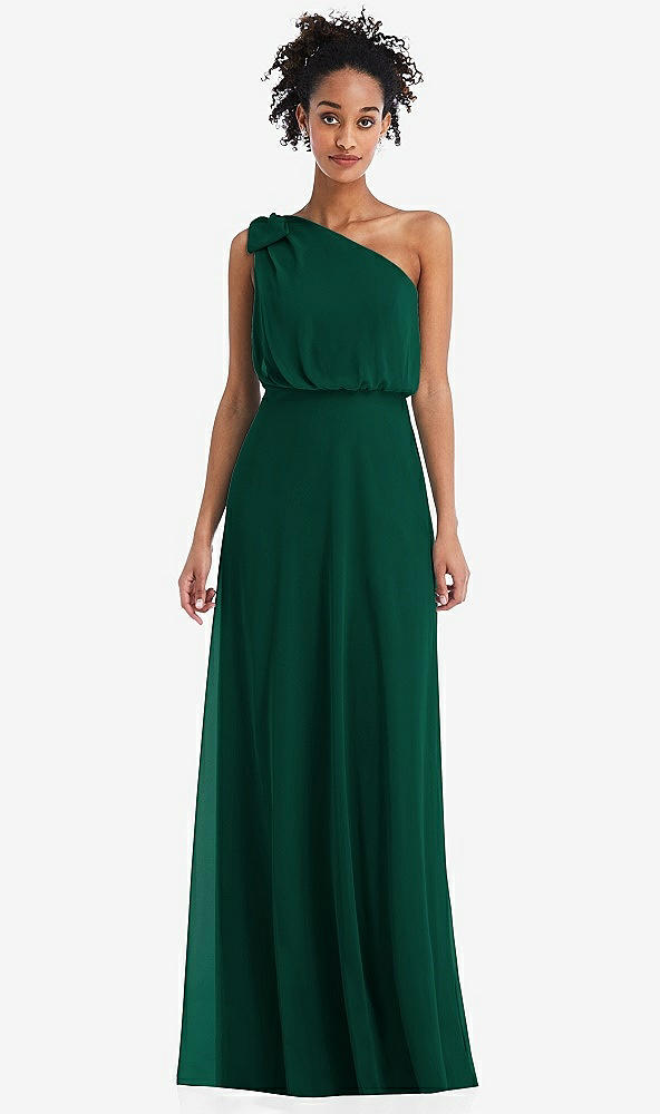 Front View - Hunter Green One-Shoulder Bow Blouson Bodice Maxi Dress