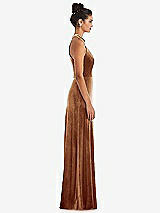 Side View Thumbnail - Golden Almond High-Neck Halter Velvet Maxi Dress with Front Slit