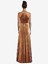 Rear View Thumbnail - Golden Almond High-Neck Halter Velvet Maxi Dress with Front Slit